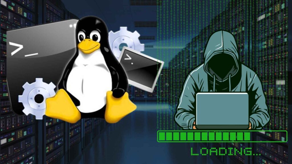 Ilustração sobre DevOps com pinguim do Linux, terminal e profissional em um datacenter